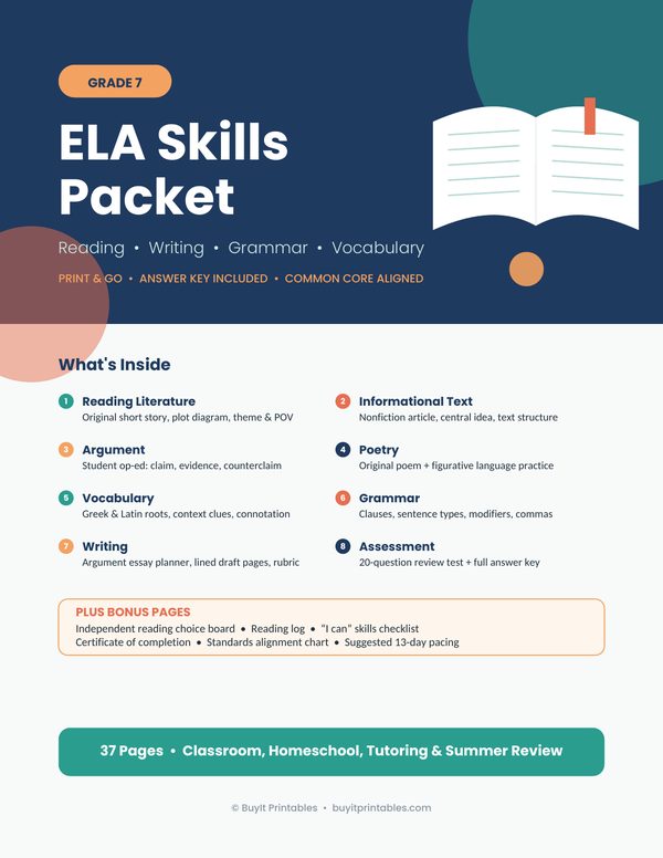 7th Grade ELA Skills Packet | Reading, Grammar, Vocabulary & Writing | Answer Key cover