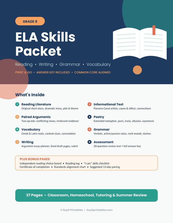 8th Grade ELA Skills Packet | Reading, Grammar, Vocabulary & Writing | Answer Key cover