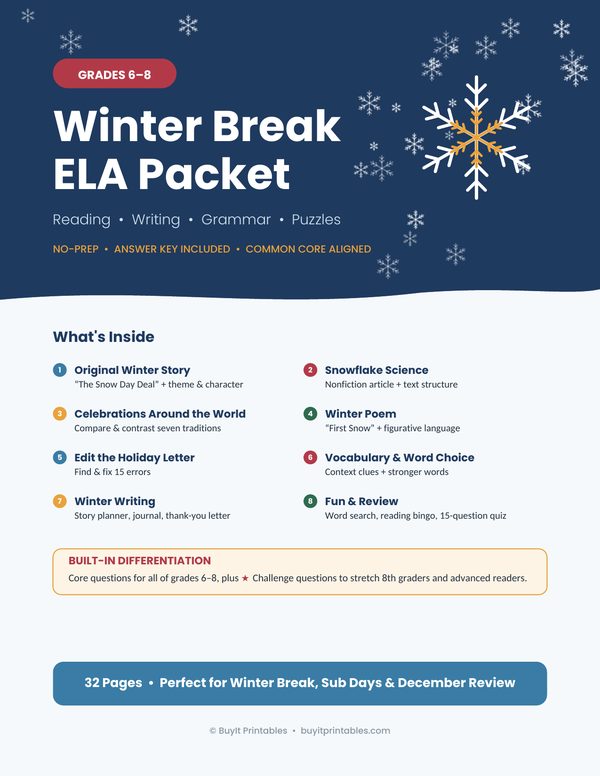 Winter Break ELA Packet Grades 6–8 | No-Prep Reading, Writing & Grammar | Answer Key cover