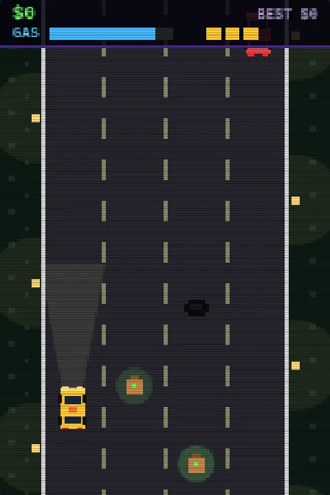 GIG RUSH gameplay: yellow car on a night highway with delivery bags ahead