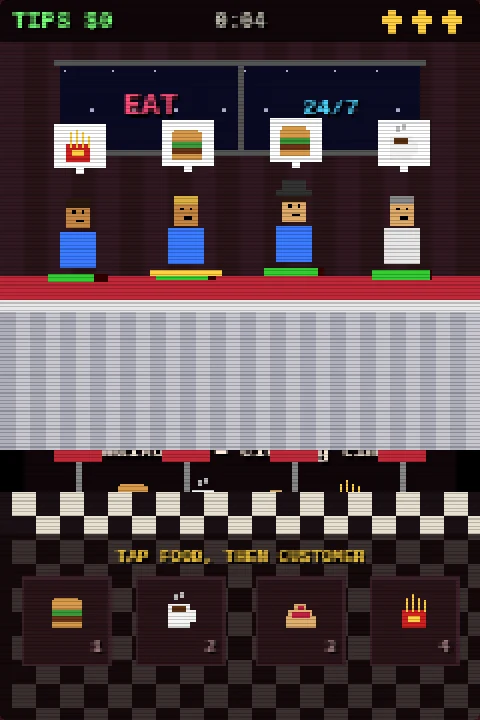 GREASY SPOON gameplay: diner counter with customers and food orders