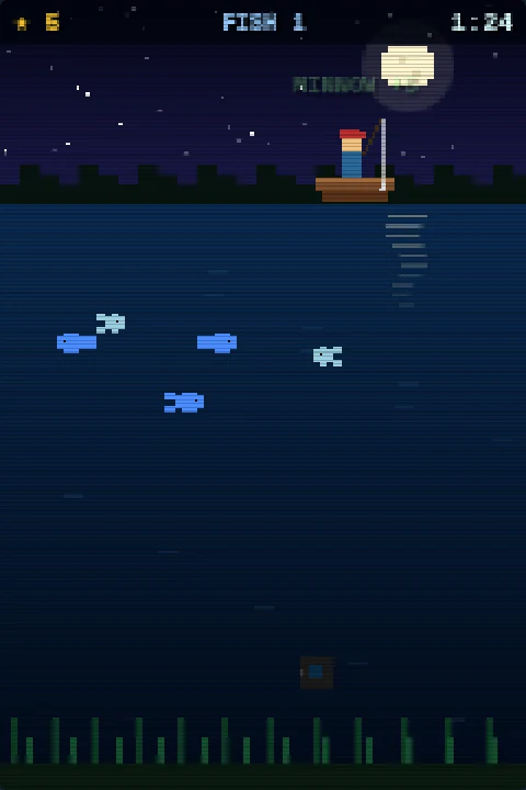 MIDNIGHT FISHING gameplay: boat on a moonlit lake with fish below