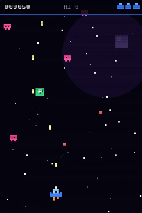 ORBIT DEFENDER gameplay: ship firing at pink invaders in space