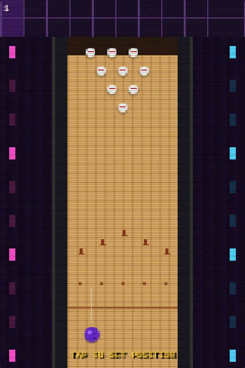 STRIKE NIGHT gameplay: bowling lane with pins and purple ball