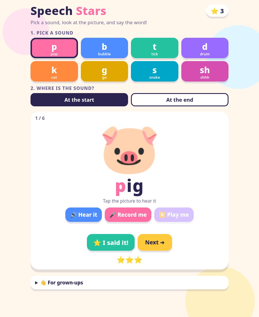 Speech Stars home screen with sound picker