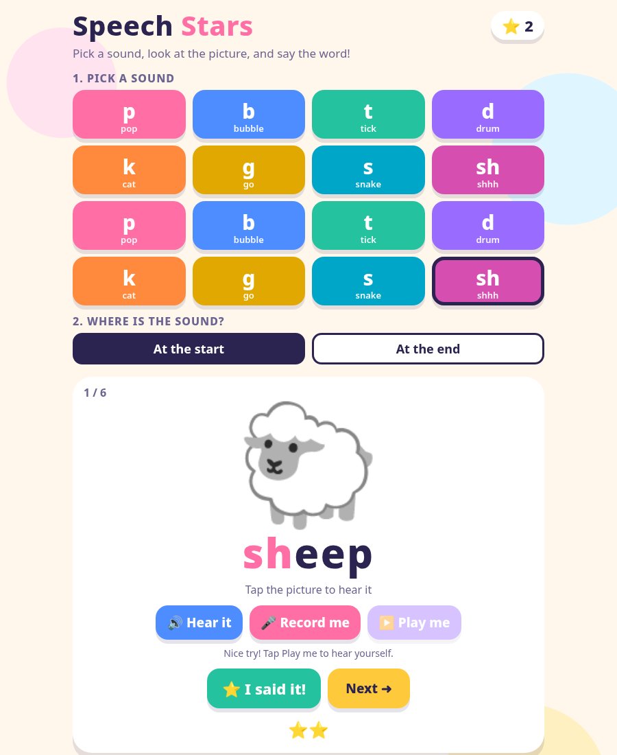 Speech Stars practice card