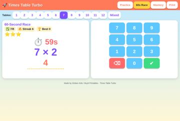 Times Table Turbo race screen