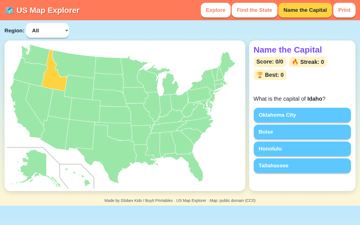 US Map Explorer quiz screen